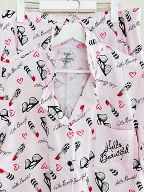 NWOT TIMREE XL Pink “Hello Beautiful” Pyjama Set Lipstick Heart Print Cute Comfy